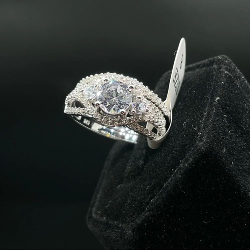 New 925 Sterling Silver CZ Diamond Bridal Wedding Ring Set Halo 2 Band